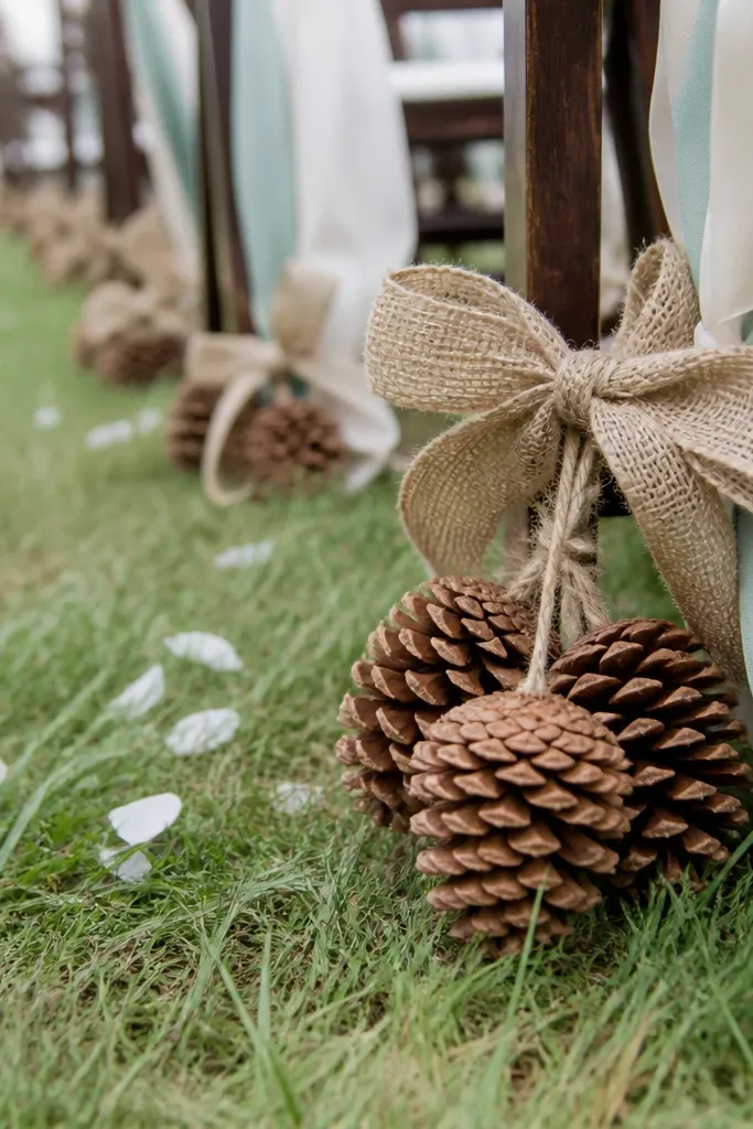 Burlap bows with pinecones tied in small bundles along the aisle edge
