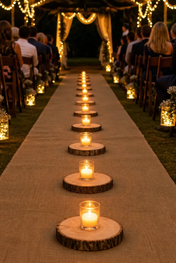 Wood slice votive holders with small candles lined on a runner