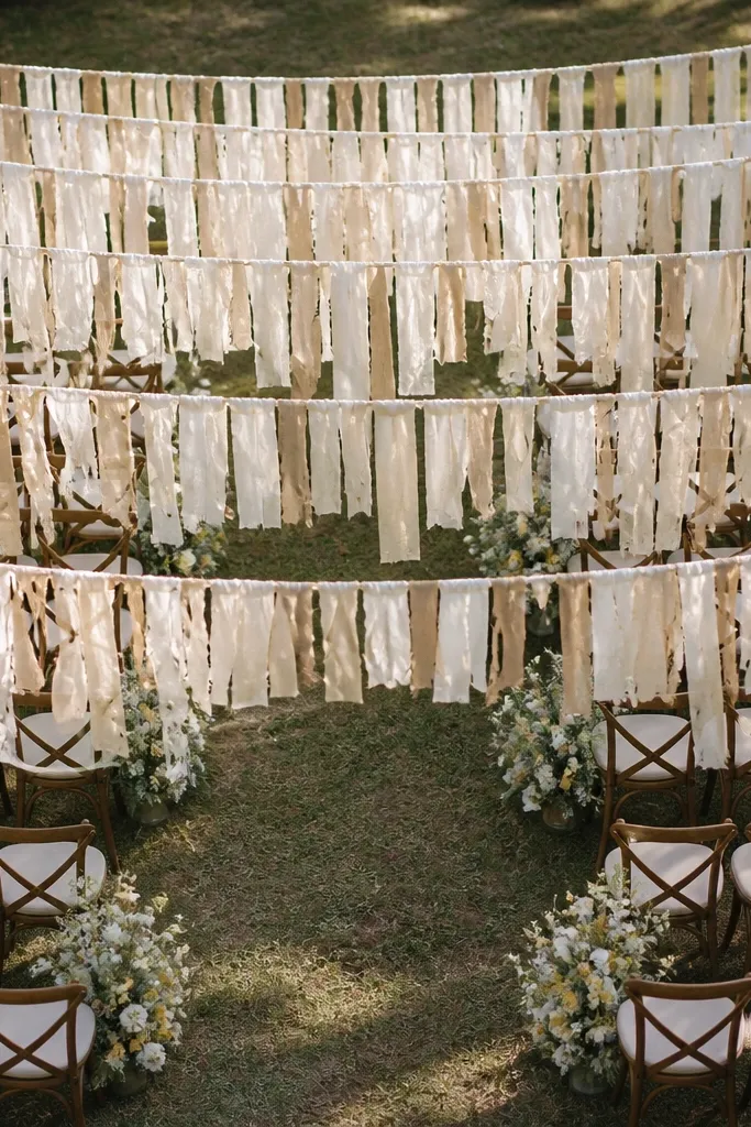 Muslin fabric strip garland hanging between two aisle stands