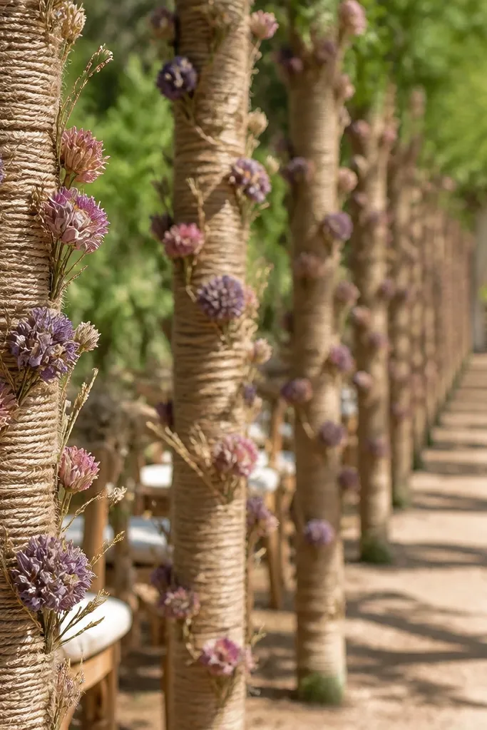 Aisle posts wrapped in thick twine with dried flower buds