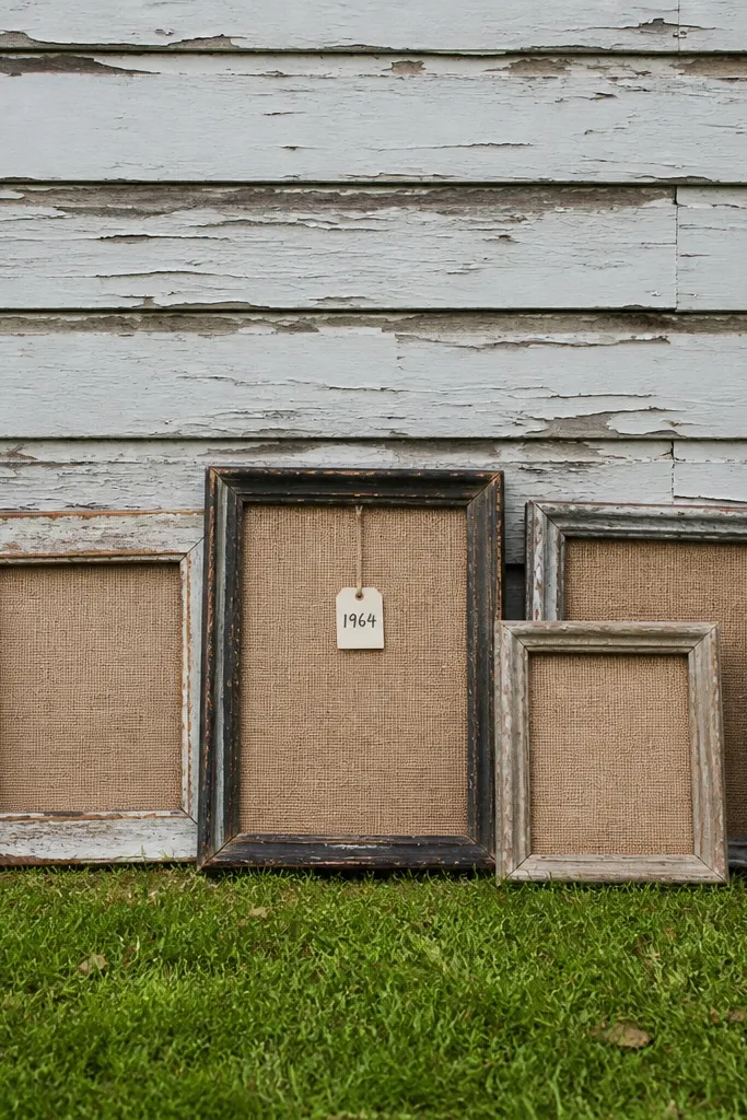 Old wooden frames on stands with burlap backing along the aisle