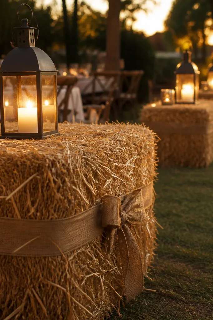 Hay bales along the aisle topped with lanterns