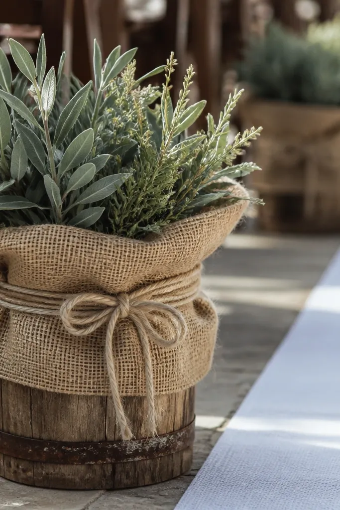 Small barrel planter wrapped in burlap with greenery tips near the aisle