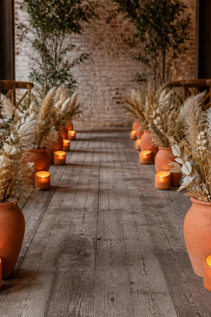 Terracotta pots paired with candles along the aisle