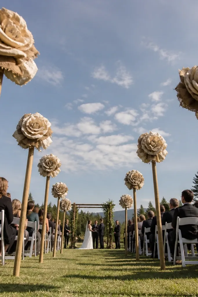 Bamboo poles with fabric rosettes placed along the aisle