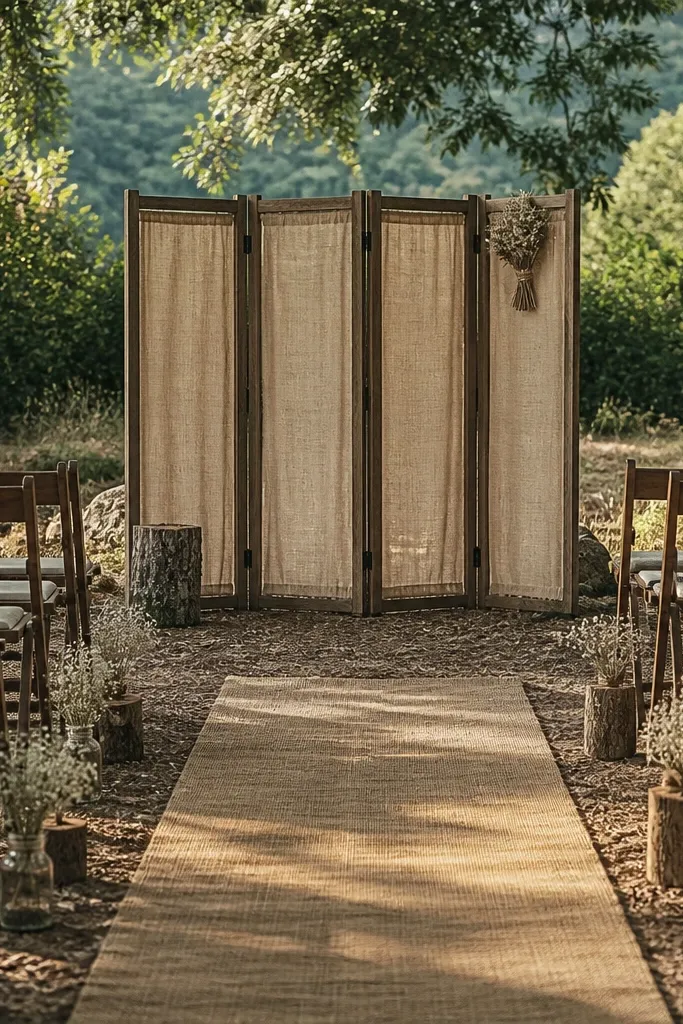 A folding screen with burlap panels at the aisle entrance
