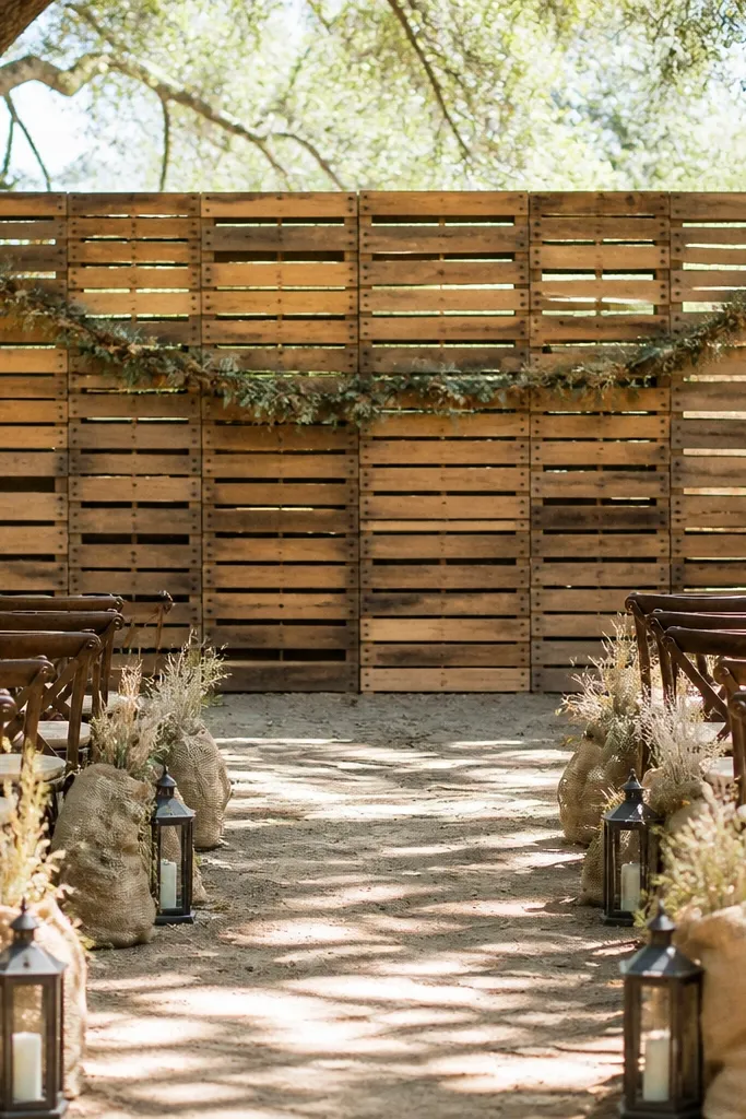 Pallet wood slat backdrop behind chairs near the aisle
