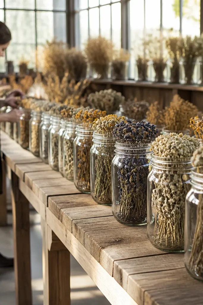 Mason jars with small dried flowers lined along aisle tables
