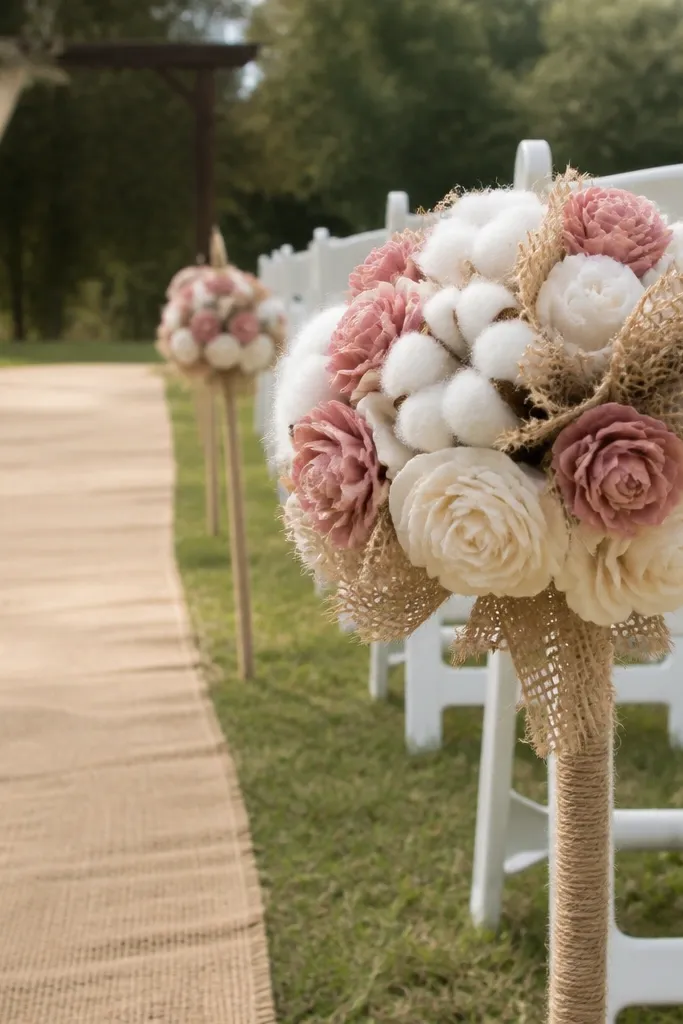 Burlap and cotton pom-pom clusters on stakes along the aisle