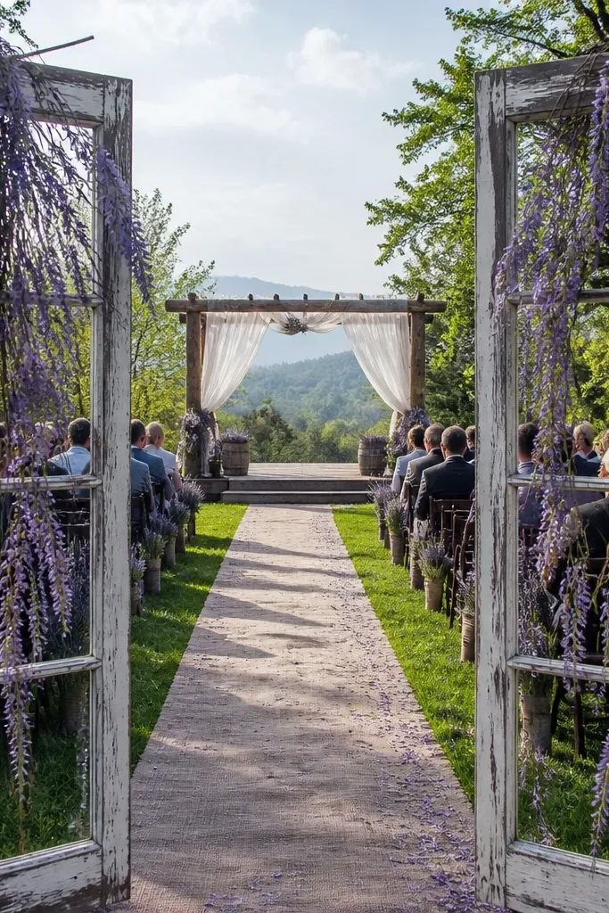 Tall window frames lined down aisle with dried lavender vines and twine bows