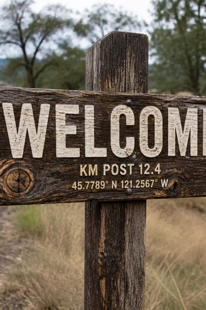 Weathered wood plank welcome sign with dark paint coordinates and small compass mark