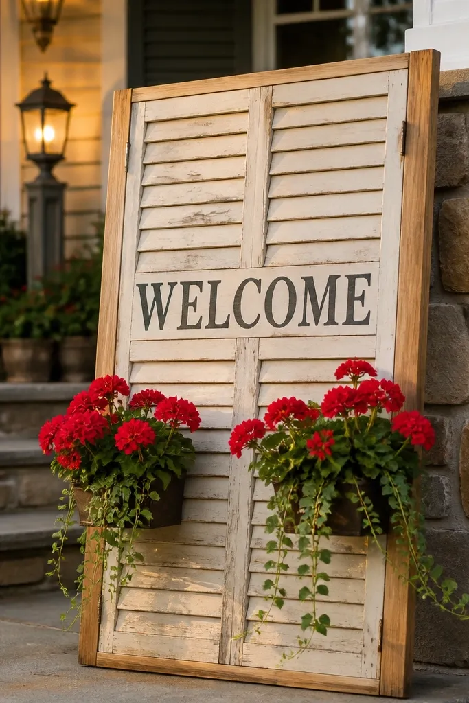 Old wooden shutter door welcome sign with small flower boxes along the bottom