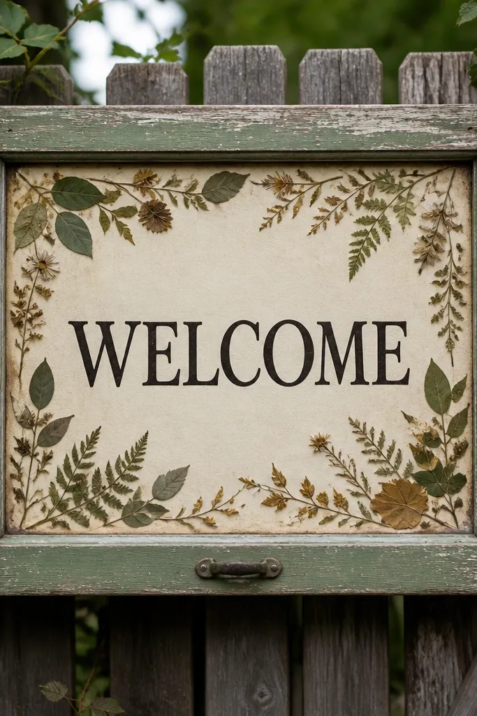 Old window frame welcome sign with pressed leaves arranged around text