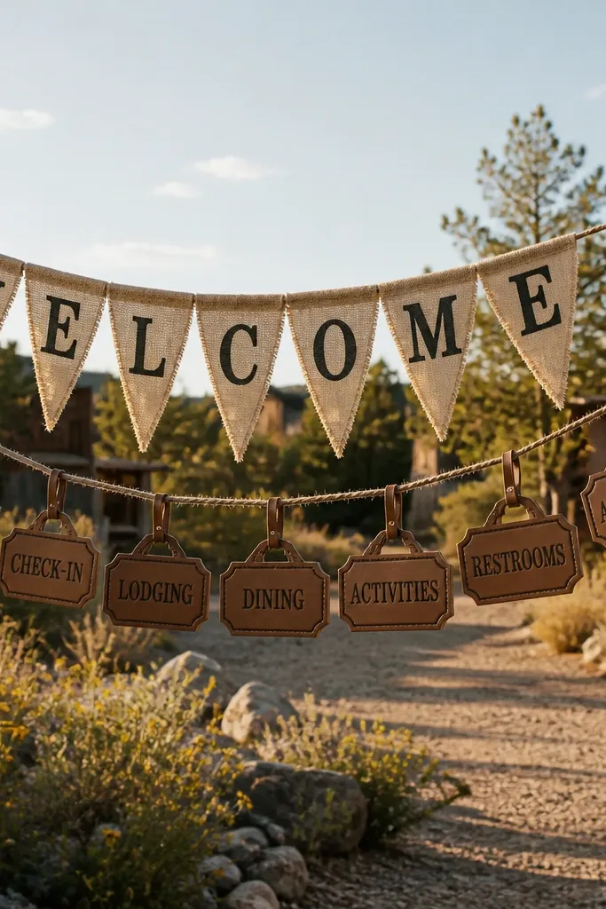 Burlap pennant banner welcome sign with small leather labels and black stamp text
