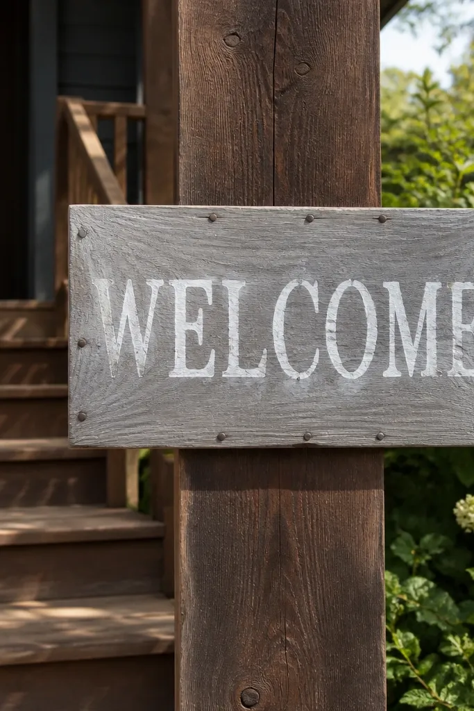 Farmhouse wooden board welcome sign with chalky ink letters and visible nail heads