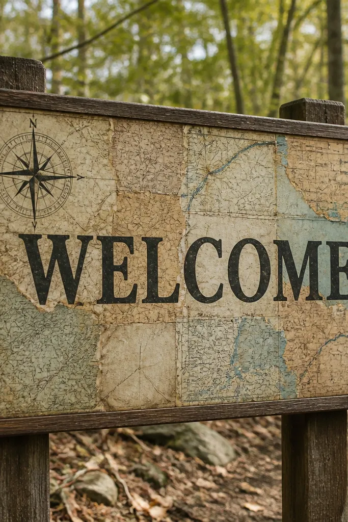 Welcome sign covered in faded map scraps with a compass rose in the corner