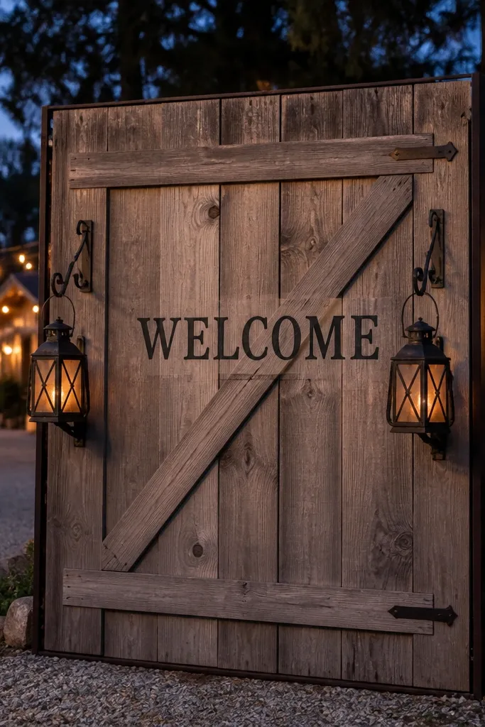 Small barn door welcome sign with two hanging lanterns on either side