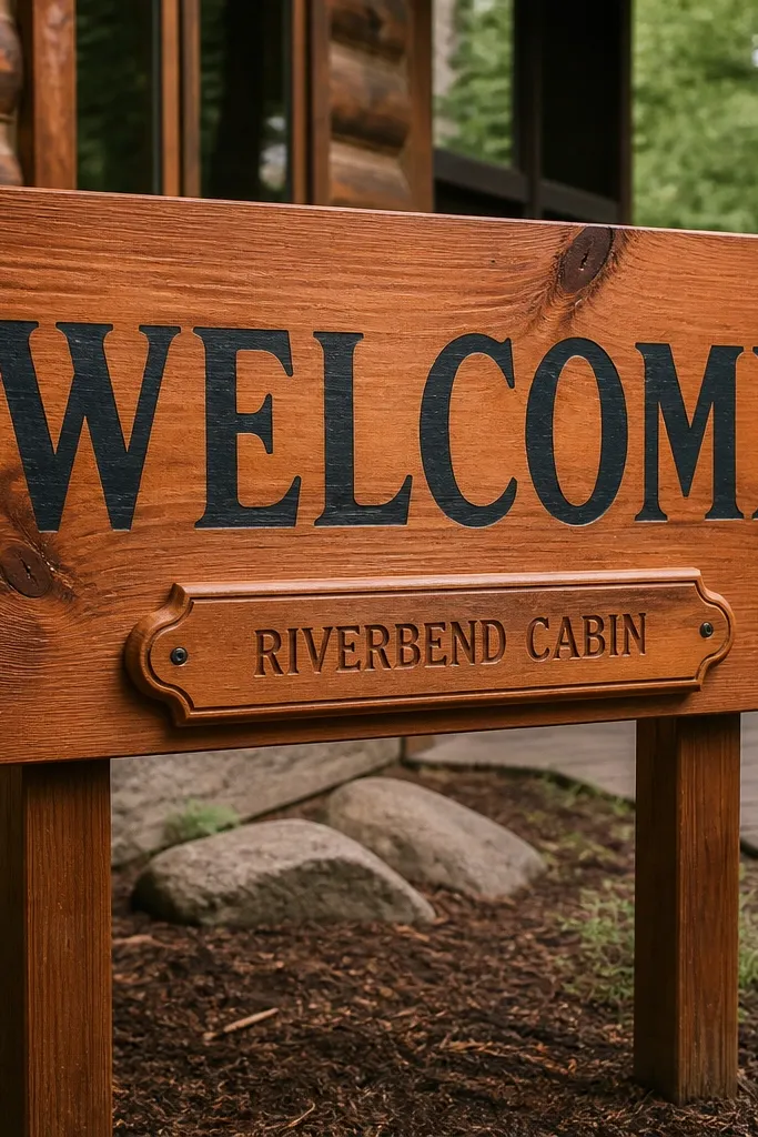 Cedar plank welcome sign with small carved nameplate and dark painted letters