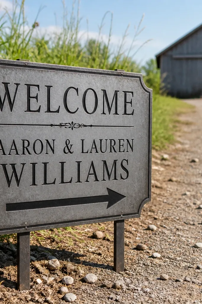 Metal address plate welcome sign with arrow and two stake posts