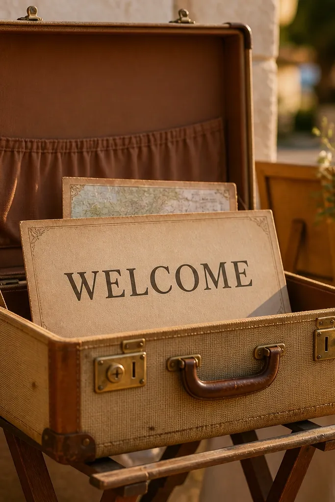 Open vintage suitcase with welcome sign card propped inside on a stand