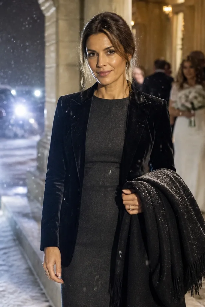 Charcoal wool midi dress with a black velvet blazer and black ankle boots