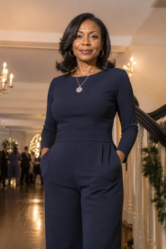 Navy ponte jumpsuit with long sleeves and silver jewelry with black boots