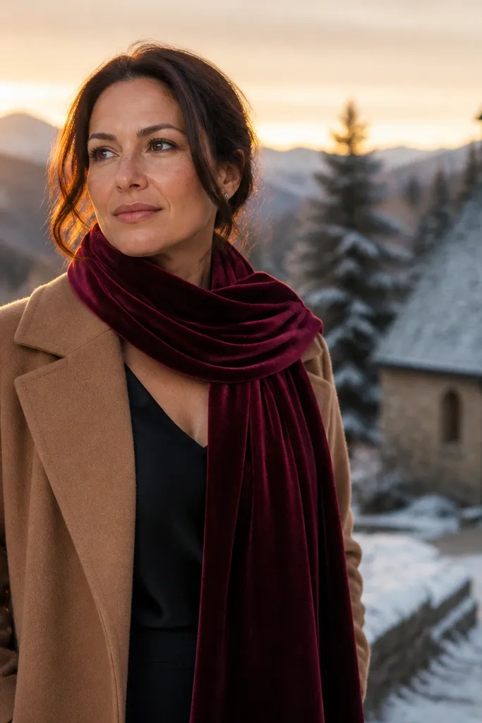 Black slip dress under a camel overcoat with a dark velvet scarf