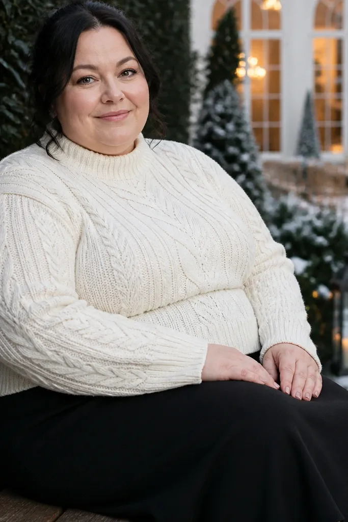 Ivory cable knit sweater with a black midi skirt and black boots