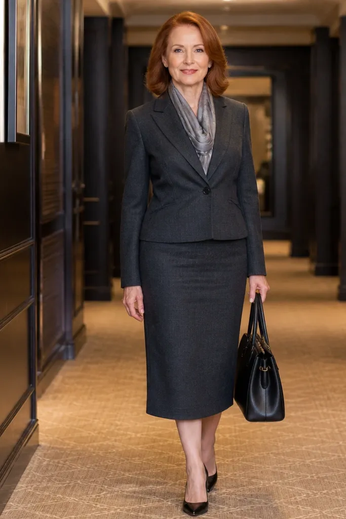 Charcoal suit jacket with a matching midi skirt and black heels