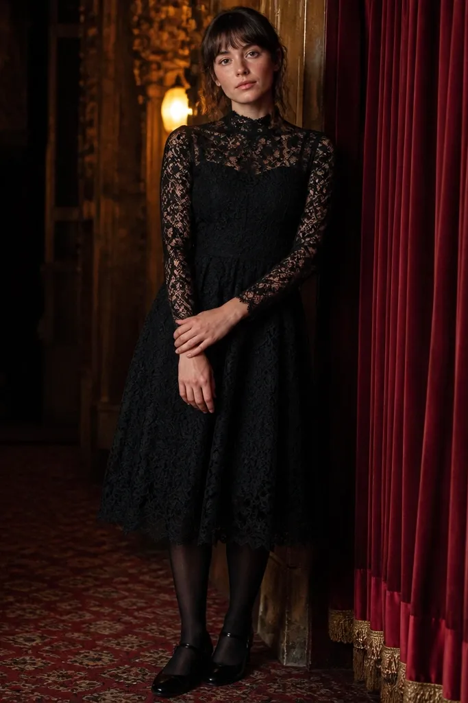 Black lace midi dress over a long-sleeve underlayer with black heels