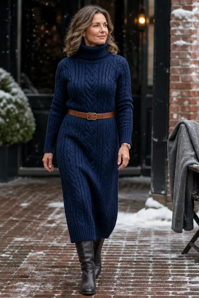 Navy cable turtleneck midi dress with a brown leather belt and ankle boots