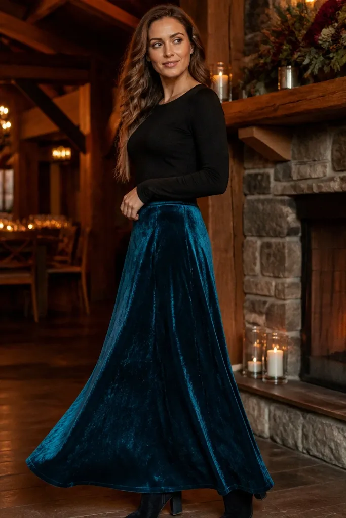 Deep teal velvet maxi skirt with a black fitted knit top and black boots