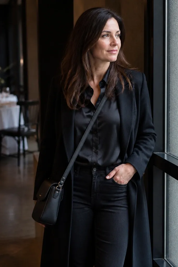 Black denim jeans with a satin button-front shirt and black Chelsea boots