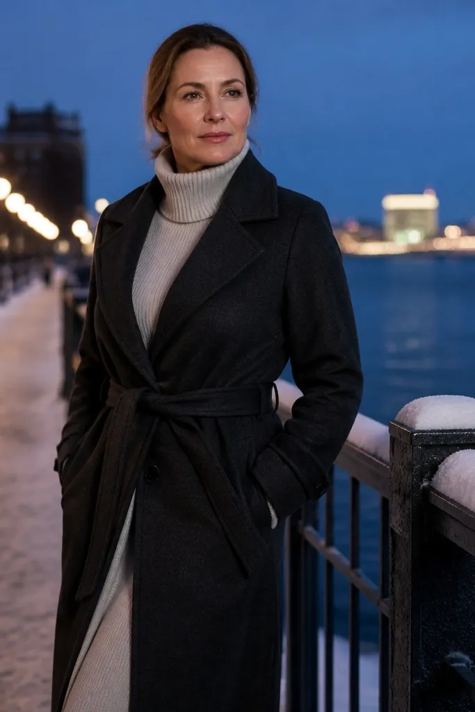 Stone turtleneck midi dress with a charcoal wrap coat and black ankle boots