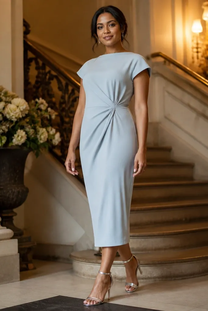 Powder blue crepe midi dress with silver strappy heels and a dark clutch