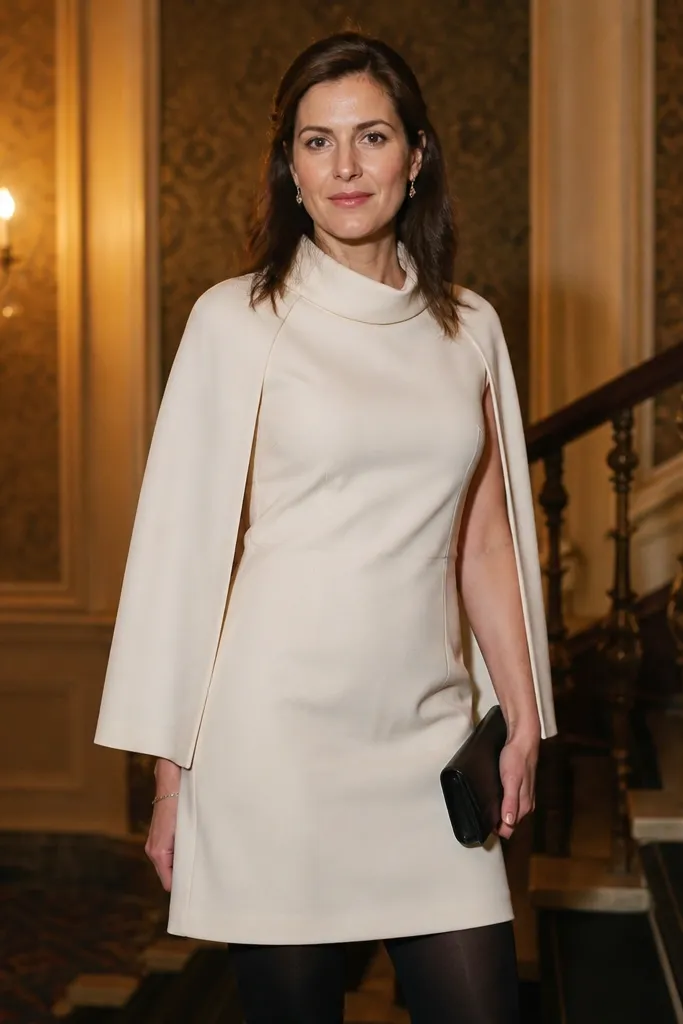 Ivory dress with cape sleeves, dark tights, and black heeled boots
