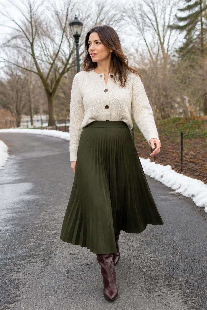 Olive pleated midi skirt with cream cable cardigan and oxblood boots