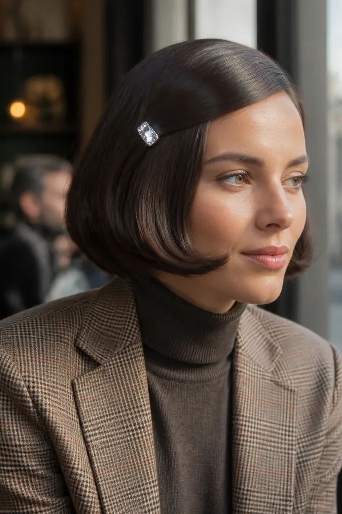 Straight bob with a deep side part and a single crystal pin near the ear
