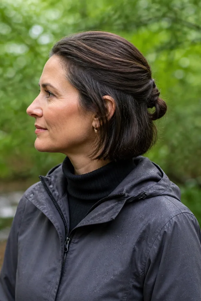Short hair half-up twist creating a side bun look