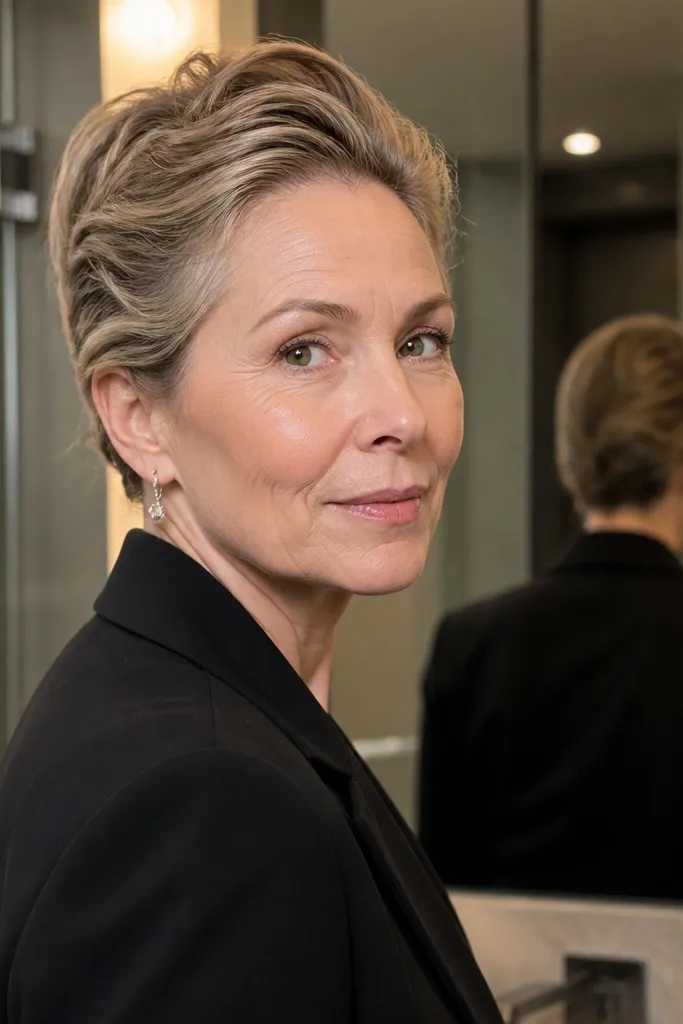 Short hair styled into a compact sleek twist with visible pins