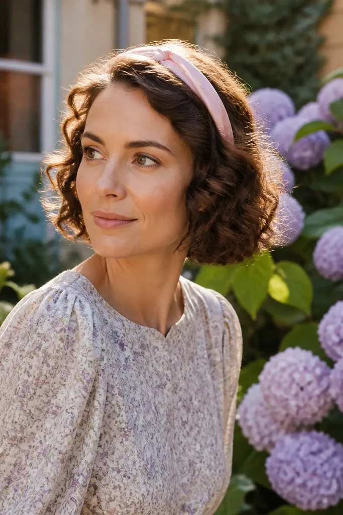 Curled bob wearing a ribbon headband across the front