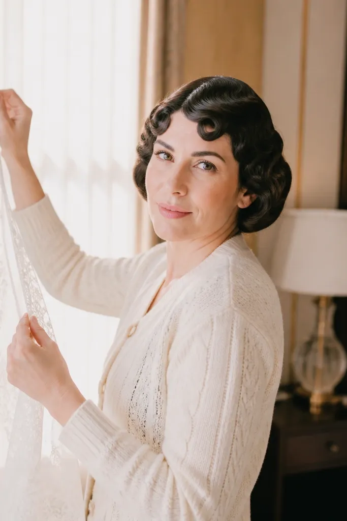 Short hair with pin-curled bangs and glossy center shine