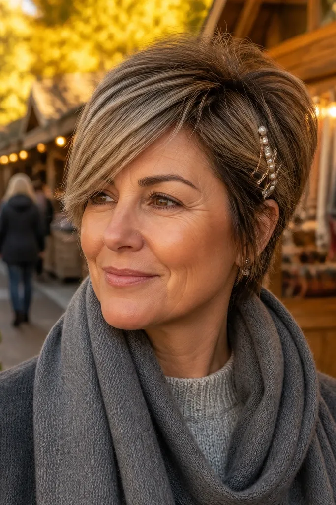 Short hair swept to one side with pearl bobby pins holding strands