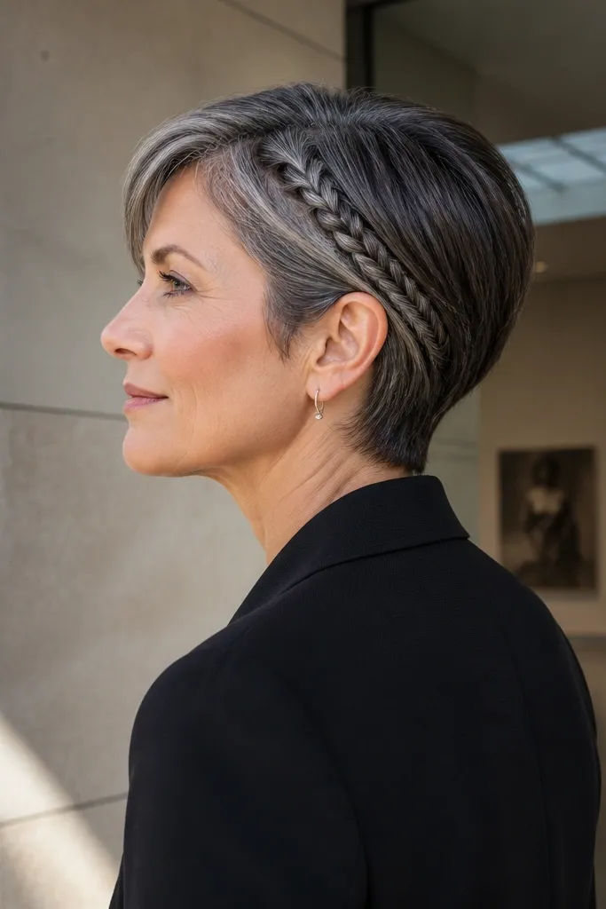 Sleek short hair with a small side braid accent