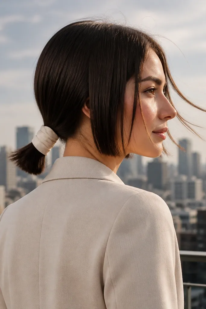 Sleek bob with a wrapped ponytail section at the back