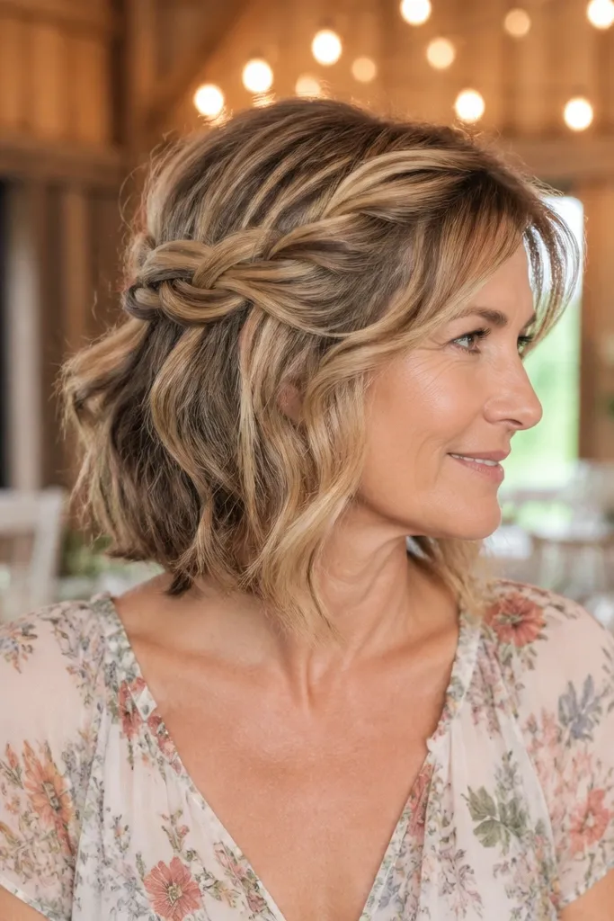 Short hair twisted around the crown with loose ends at the neck