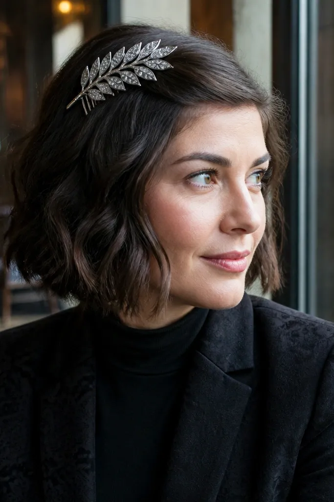 Textured bob with a decorative comb clipped near the crown