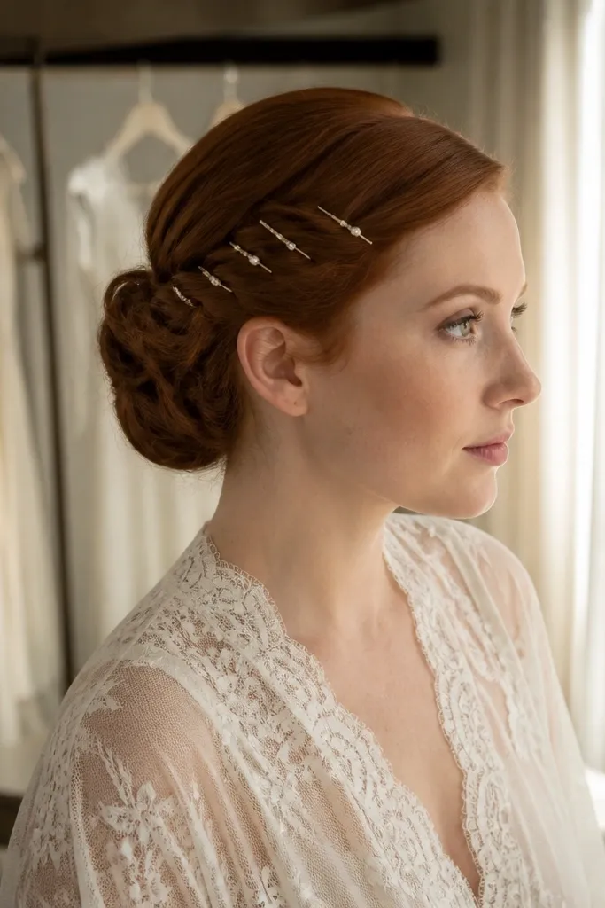 Short brown hair twisted into a low bun with side pins