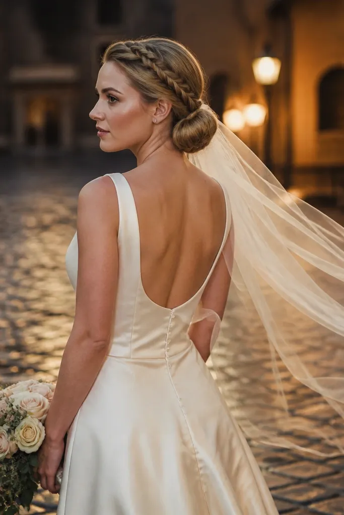 Short blonde hair with a thin crown braid and a low chignon