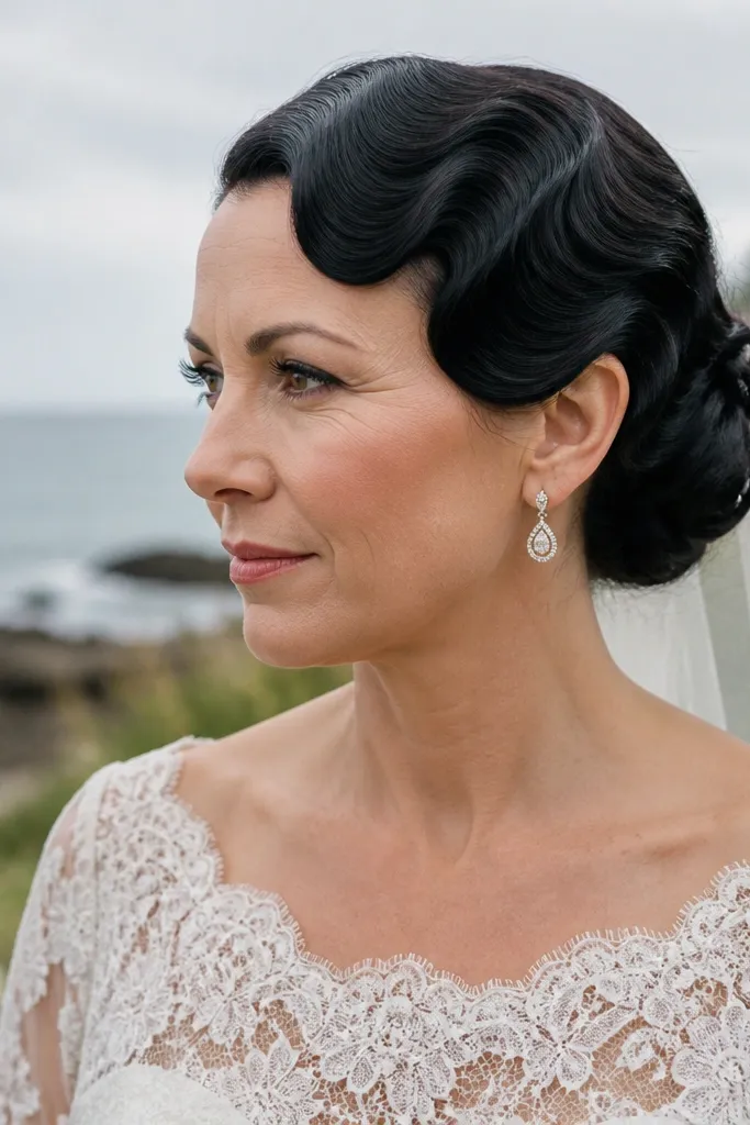 Short black hair rolled into a sleek wave at the front